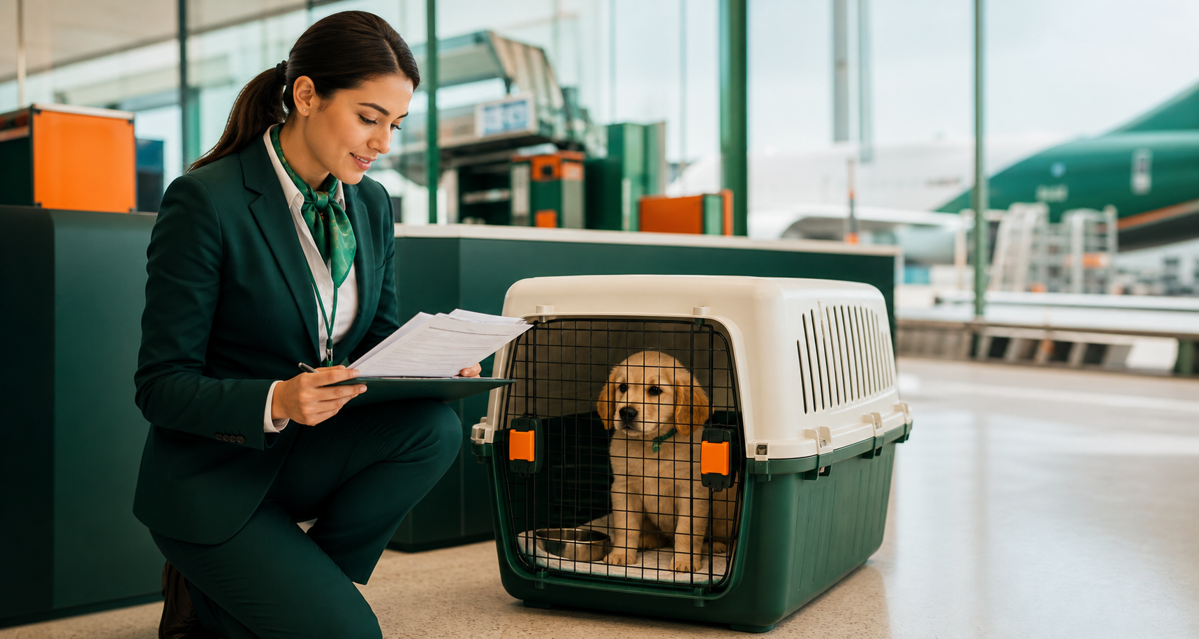 Airline pet travel specialist preparing a pet for transport